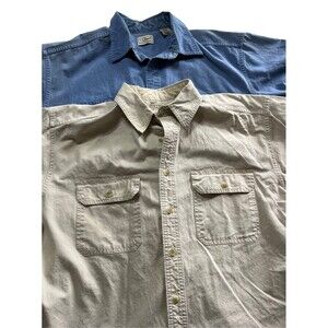 L.L. Bean 2 Short Sleeve Shirt Large button up Thick Heavy Cotton Work Farm Fish